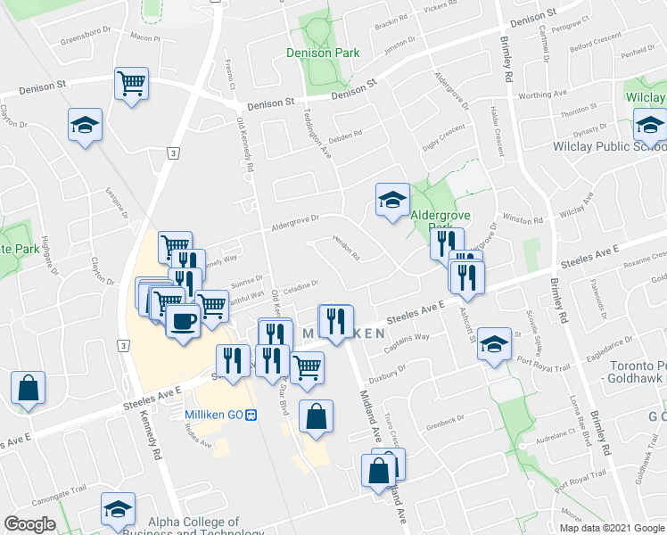 map of restaurants, bars, coffee shops, grocery stores, and more near 80 Manston Crescent in Markham