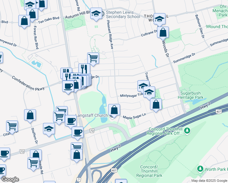map of restaurants, bars, coffee shops, grocery stores, and more near 128 Pleasant Ridge Avenue in Vaughan