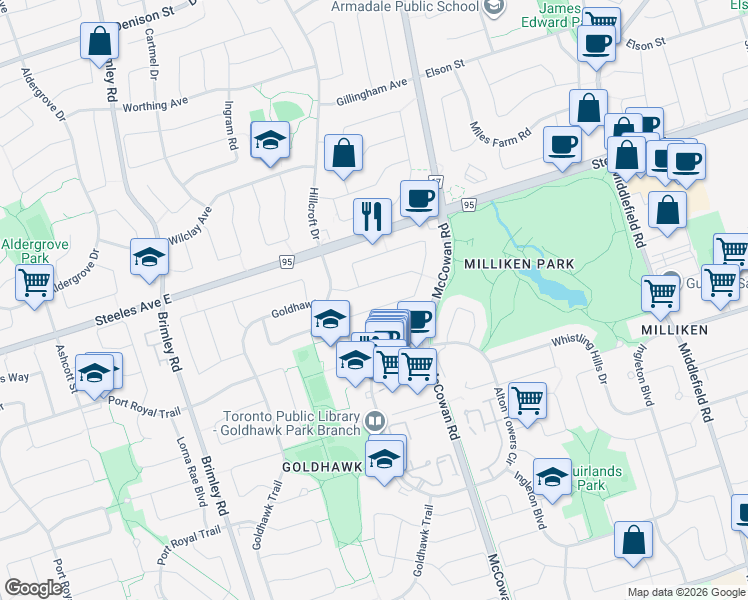 map of restaurants, bars, coffee shops, grocery stores, and more near in Toronto
