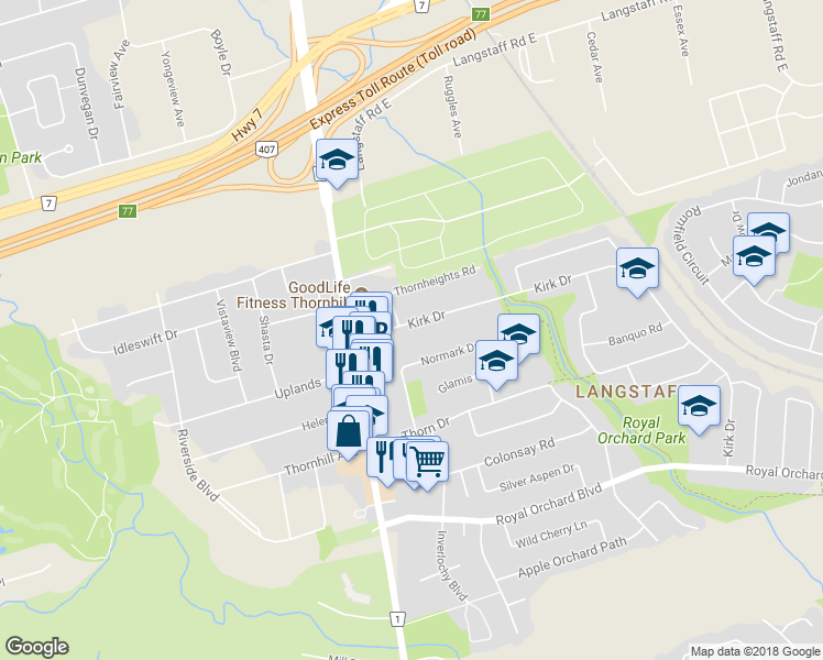 map of restaurants, bars, coffee shops, grocery stores, and more near 25 Kirk Drive in Markham