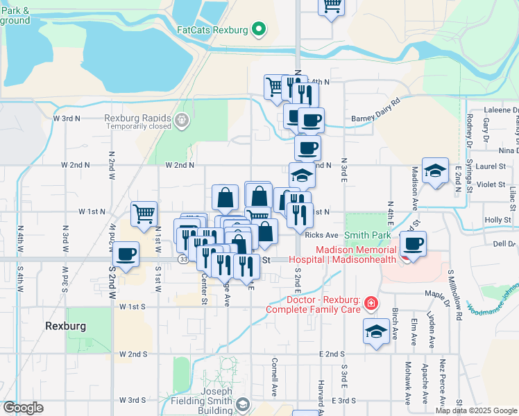 map of restaurants, bars, coffee shops, grocery stores, and more near 115 East 1st North in Rexburg