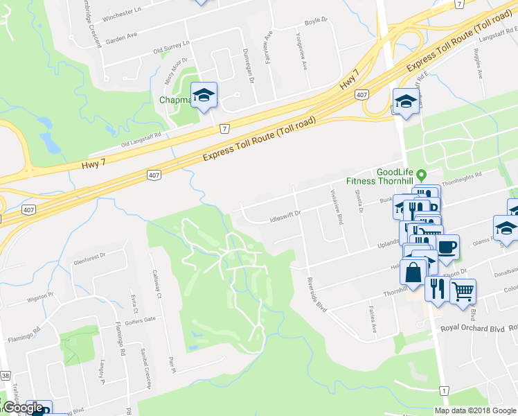 map of restaurants, bars, coffee shops, grocery stores, and more near 57 Longbridge Road in Vaughan