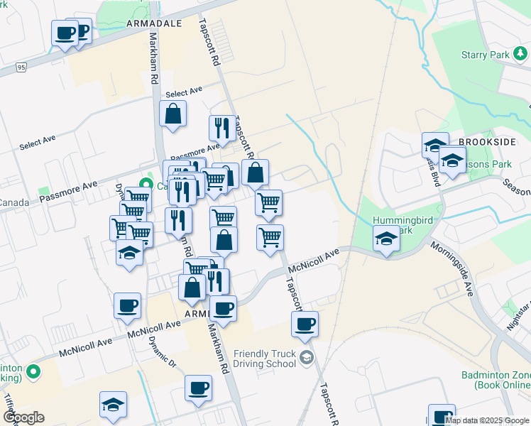 map of restaurants, bars, coffee shops, grocery stores, and more near 1160 Tapscott Road in Toronto