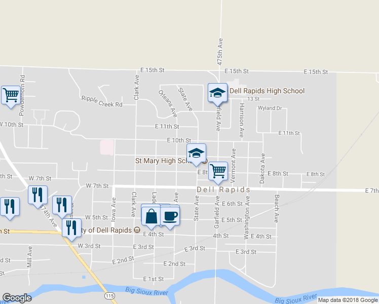 map of restaurants, bars, coffee shops, grocery stores, and more near 508 East 9th Street in Dell Rapids