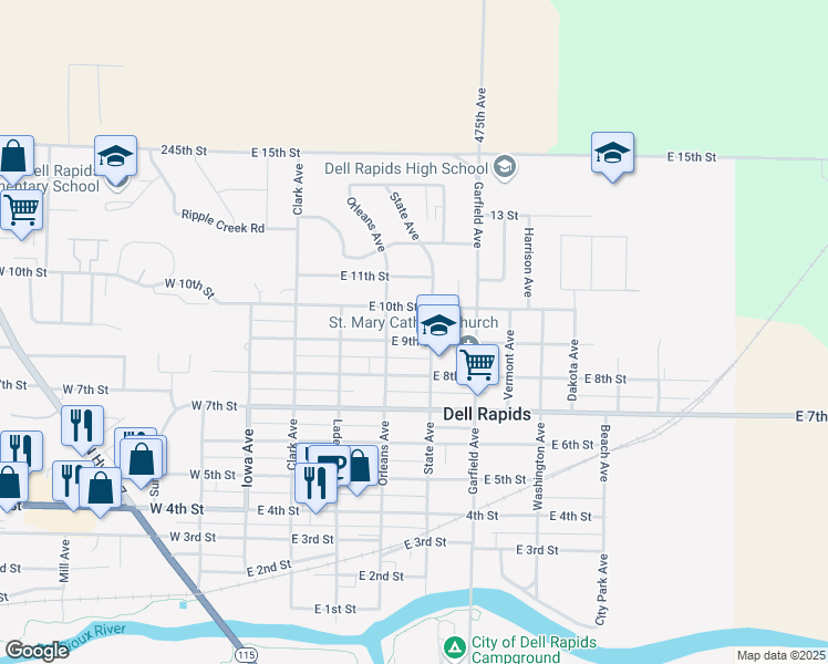 map of restaurants, bars, coffee shops, grocery stores, and more near 508 East 9th Street in Dell Rapids