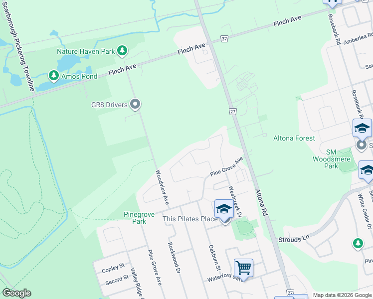 map of restaurants, bars, coffee shops, grocery stores, and more near 1484 Sandhurst Crescent in Pickering