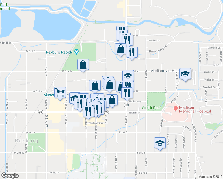 map of restaurants, bars, coffee shops, grocery stores, and more near 125 East 1st North in Rexburg