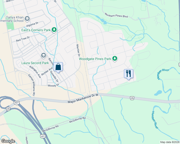 map of restaurants, bars, coffee shops, grocery stores, and more near 74 Dunrobin Crescent in Vaughan