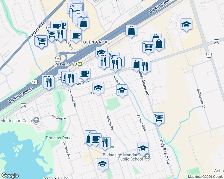 map of restaurants, bars, coffee shops, grocery stores, and more near 1387 Tatra Drive in Pickering