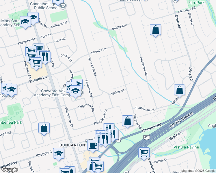map of restaurants, bars, coffee shops, grocery stores, and more near 831 Wingarden Crescent in Pickering