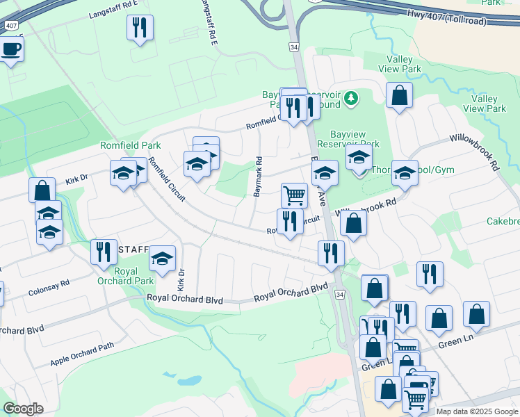 map of restaurants, bars, coffee shops, grocery stores, and more near 2 Rothsay Road in Markham