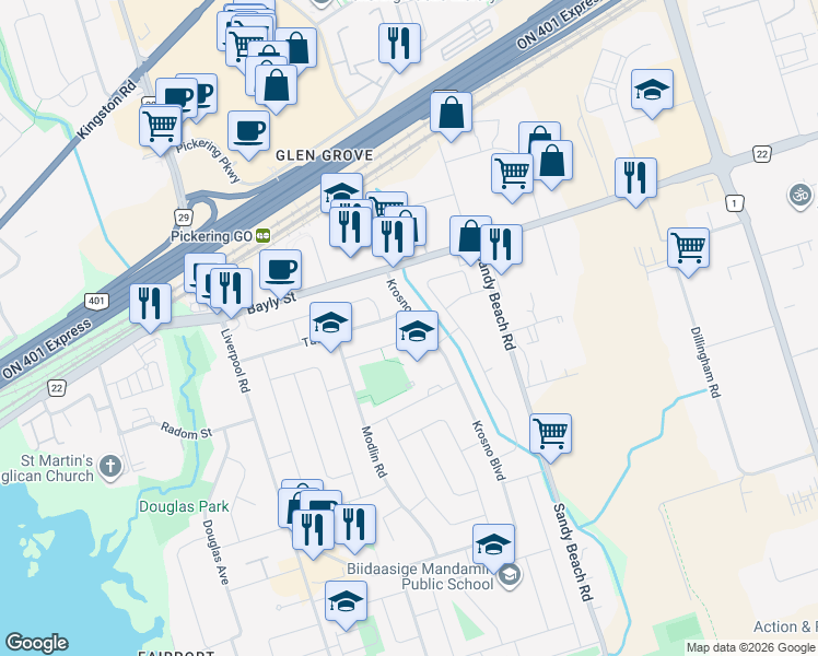 map of restaurants, bars, coffee shops, grocery stores, and more near 1400 Fordon Avenue in Pickering
