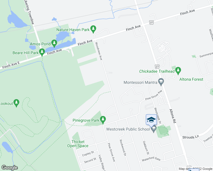 map of restaurants, bars, coffee shops, grocery stores, and more near 1918 Woodview Avenue in Pickering