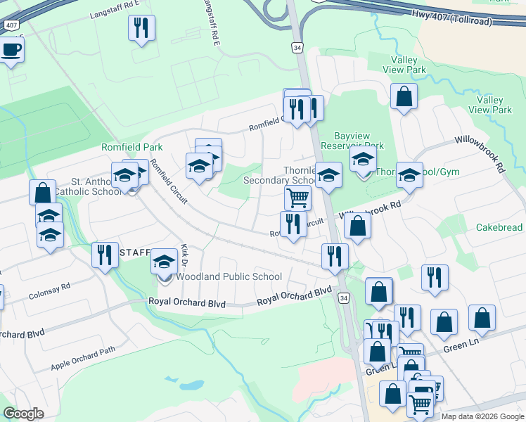 map of restaurants, bars, coffee shops, grocery stores, and more near 2 Rothsay Road in Markham