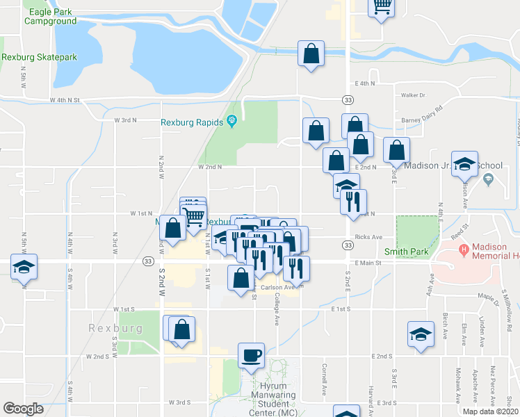 map of restaurants, bars, coffee shops, grocery stores, and more near 5 East 1st North in Rexburg