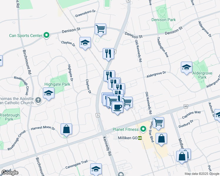 map of restaurants, bars, coffee shops, grocery stores, and more near 4390 Steeles Avenue East in Markham