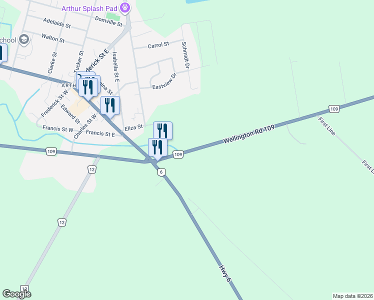 map of restaurants, bars, coffee shops, grocery stores, and more near 8014 Wellington County Road 109 in Wellington North