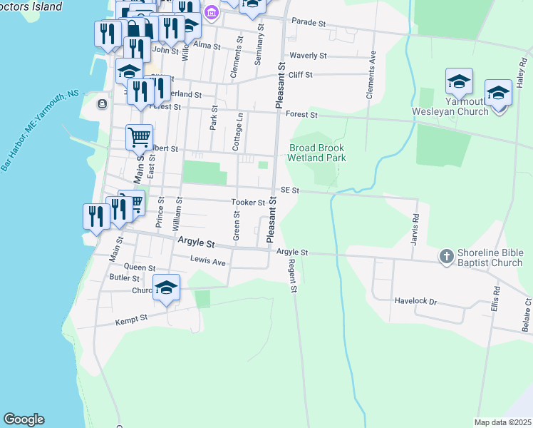 map of restaurants, bars, coffee shops, grocery stores, and more near 18 Pleasant Street in Yarmouth