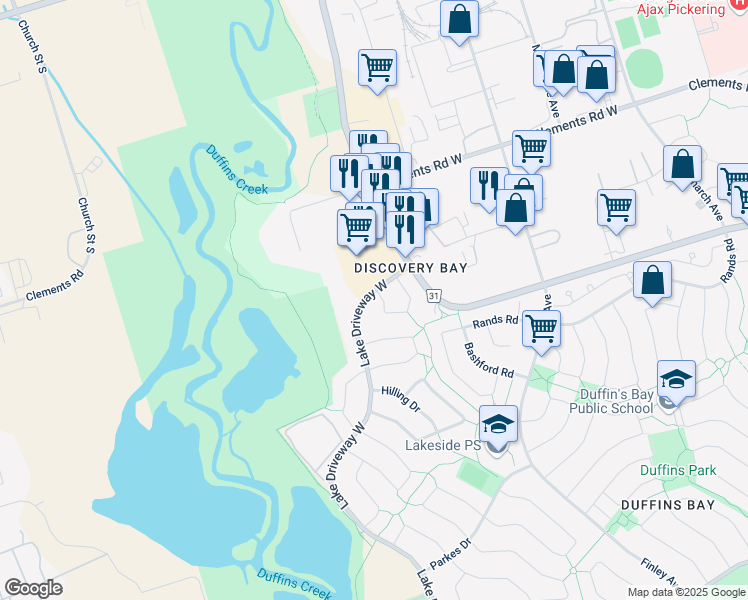 map of restaurants, bars, coffee shops, grocery stores, and more near 51 Walker Crescent in Ajax