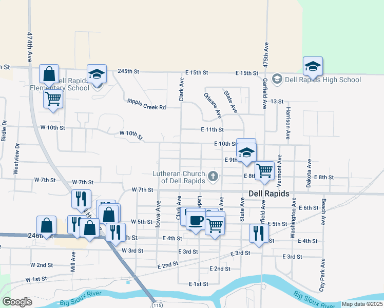 map of restaurants, bars, coffee shops, grocery stores, and more near 308 East 9th Street in Dell Rapids