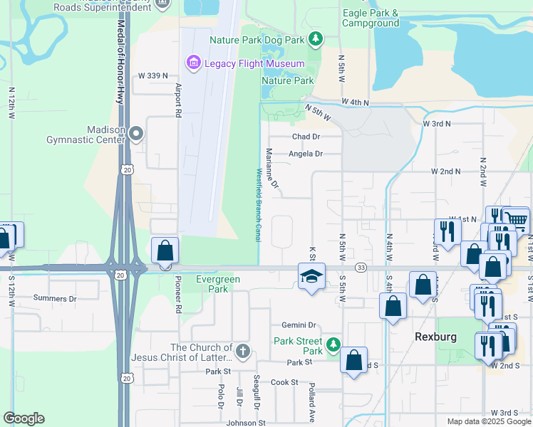 map of restaurants, bars, coffee shops, grocery stores, and more near 89 W Sunset Cir in Rexburg