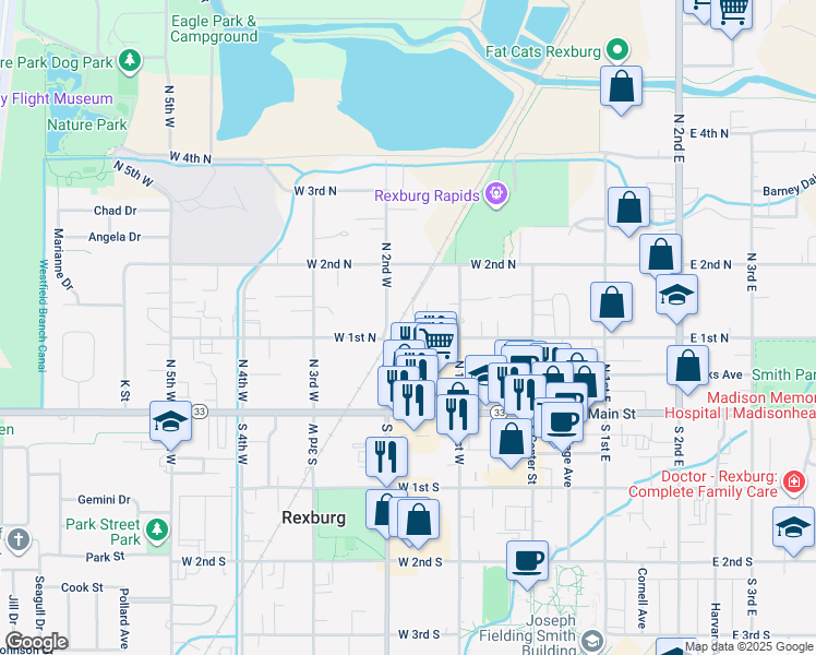 map of restaurants, bars, coffee shops, grocery stores, and more near 164 West 1st North in Rexburg