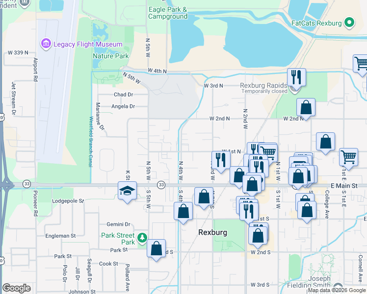 map of restaurants, bars, coffee shops, grocery stores, and more near 368 West 1st North in Rexburg