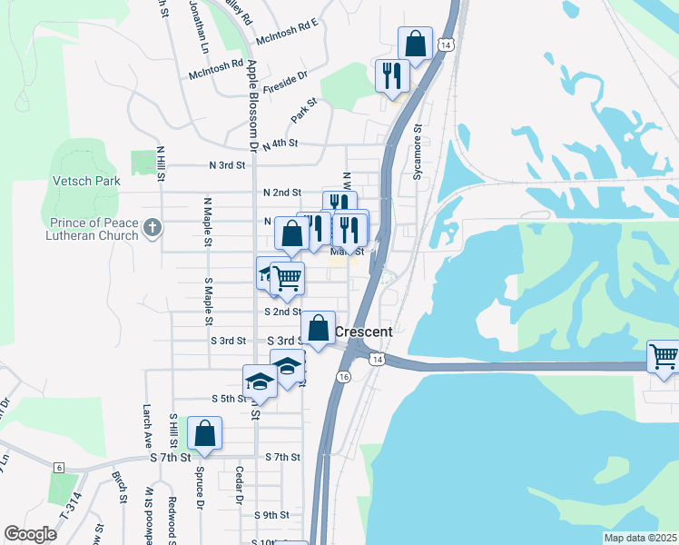 map of restaurants, bars, coffee shops, grocery stores, and more near 32 South Walnut Street in La Crescent