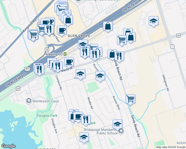 map of restaurants, bars, coffee shops, grocery stores, and more near 1391 Tatra Drive in Pickering