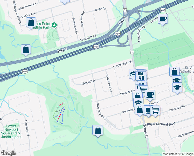 map of restaurants, bars, coffee shops, grocery stores, and more near 12 Idleswift Drive in Vaughan
