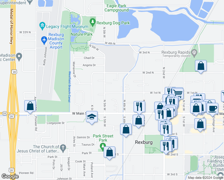 map of restaurants, bars, coffee shops, grocery stores, and more near 464 West 1st North in Rexburg