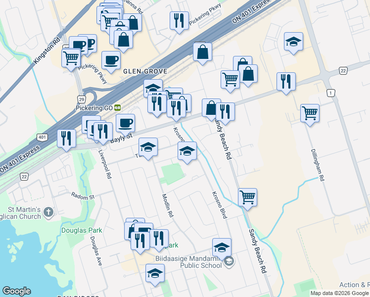 map of restaurants, bars, coffee shops, grocery stores, and more near 1400 Fordon Avenue in Pickering