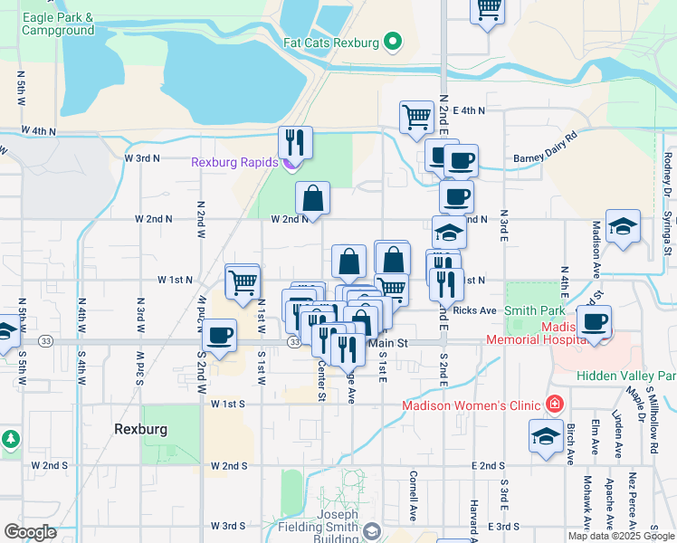 map of restaurants, bars, coffee shops, grocery stores, and more near 17 East 1st North in Rexburg
