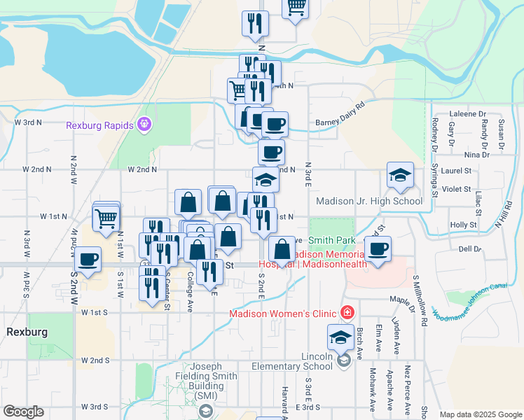 map of restaurants, bars, coffee shops, grocery stores, and more near 110 North 2nd East Street in Rexburg