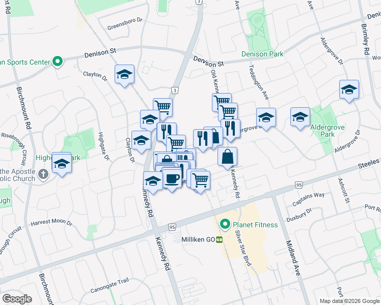 map of restaurants, bars, coffee shops, grocery stores, and more near 1 Dearie Lane in Markham