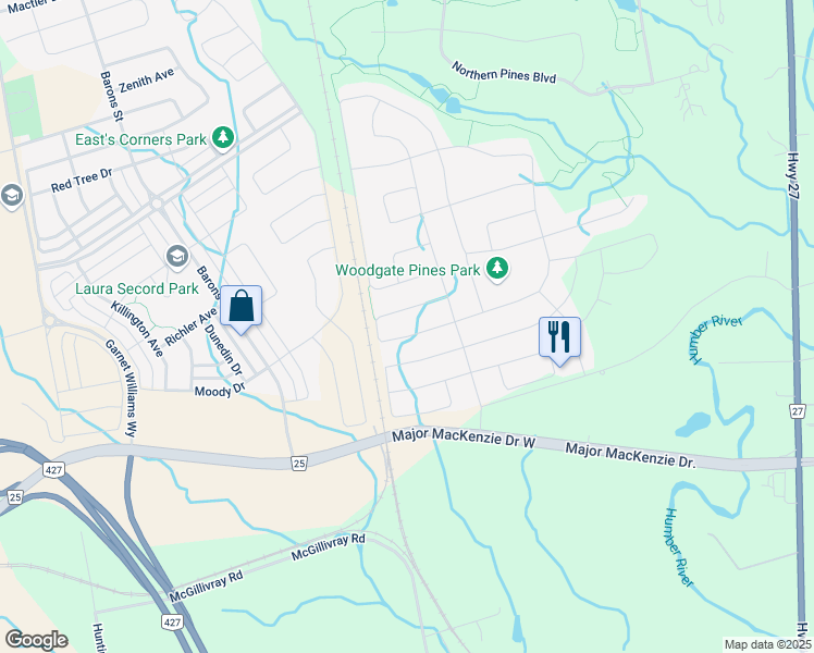 map of restaurants, bars, coffee shops, grocery stores, and more near 44 Dunrobin Crescent in Vaughan