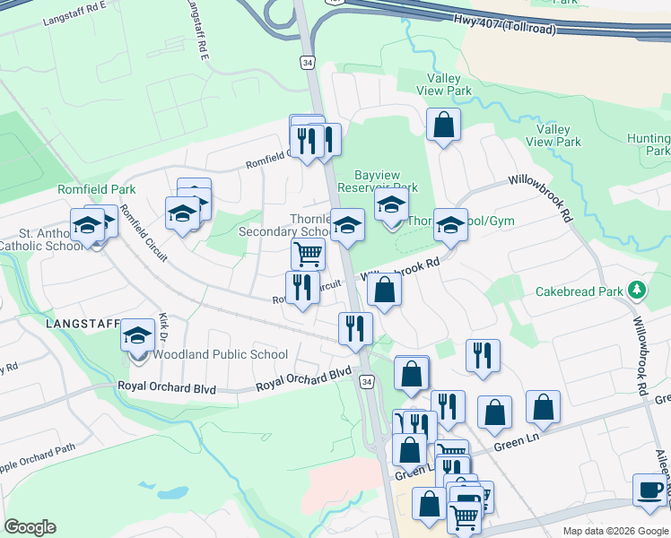 map of restaurants, bars, coffee shops, grocery stores, and more near 38 Rothsay Road in Markham