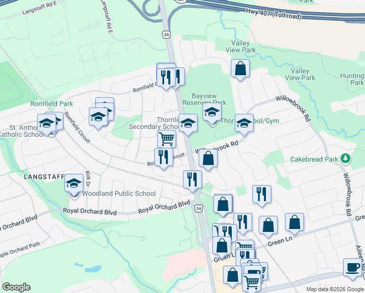 map of restaurants, bars, coffee shops, grocery stores, and more near 38 Rothsay Road in Markham
