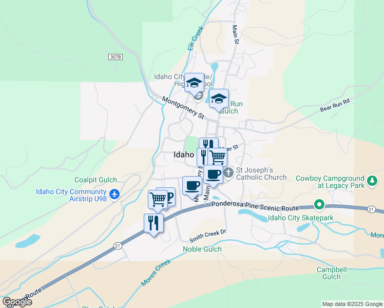map of restaurants, bars, coffee shops, grocery stores, and more near 501 Montgomery Street in Idaho City