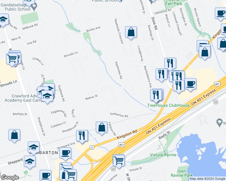 map of restaurants, bars, coffee shops, grocery stores, and more near 1645 Goldenridge Road in Pickering
