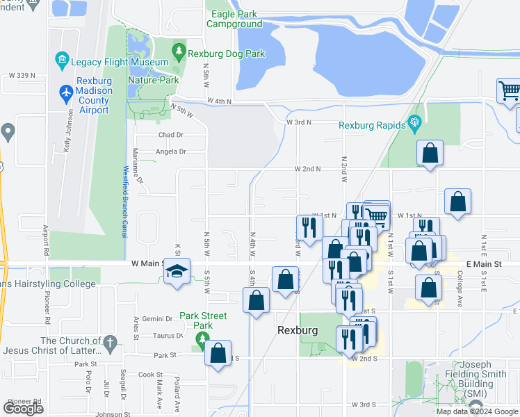 map of restaurants, bars, coffee shops, grocery stores, and more near 364 West 1st North in Rexburg