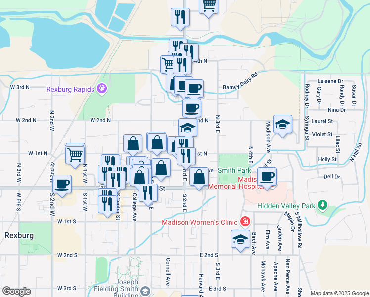 map of restaurants, bars, coffee shops, grocery stores, and more near 110 North 2nd East Street in Rexburg