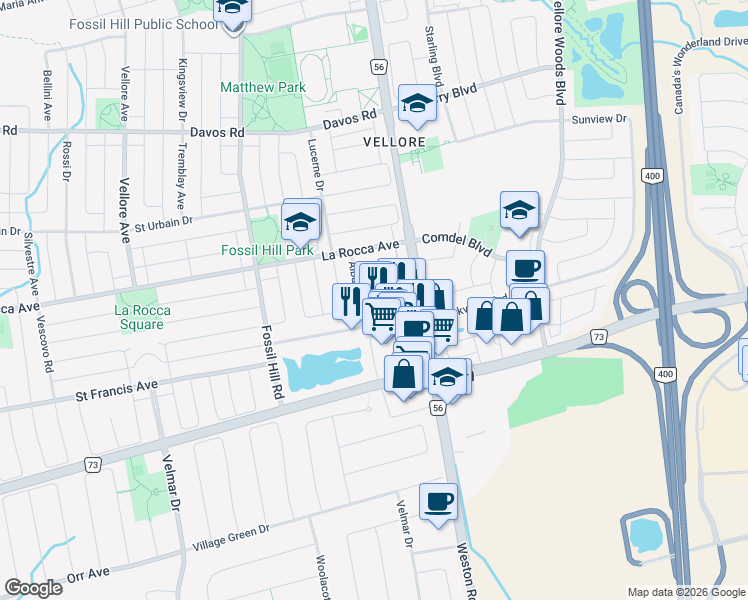 map of restaurants, bars, coffee shops, grocery stores, and more near 14 Legnano Crescent in Vaughan