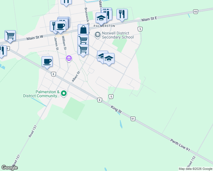 map of restaurants, bars, coffee shops, grocery stores, and more near 104 Miller Crescent in Palmerston