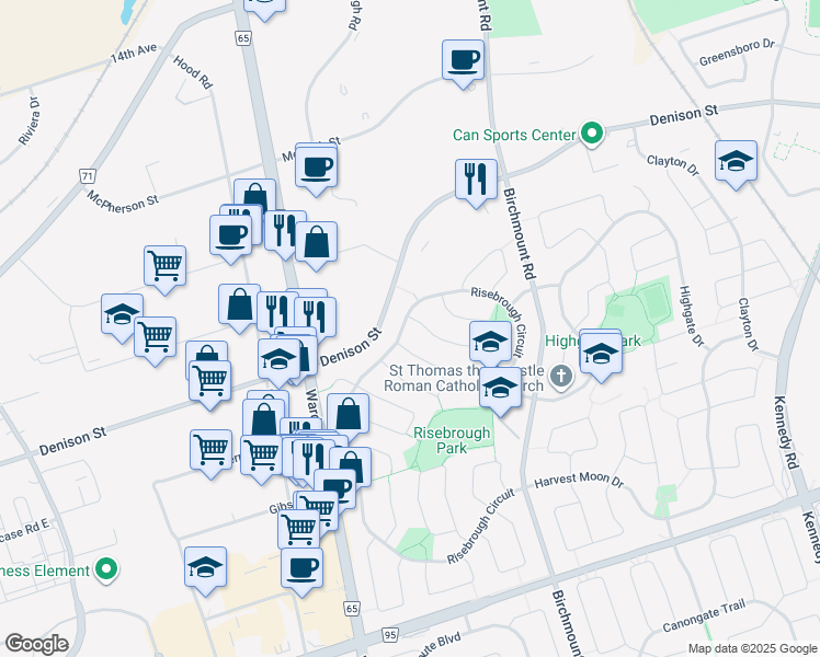 map of restaurants, bars, coffee shops, grocery stores, and more near 189 Risebrough Circuit in Markham