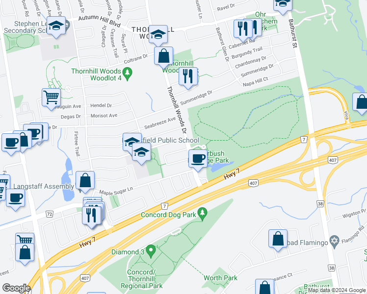 map of restaurants, bars, coffee shops, grocery stores, and more near 127 Bentwood Crescent in Vaughan