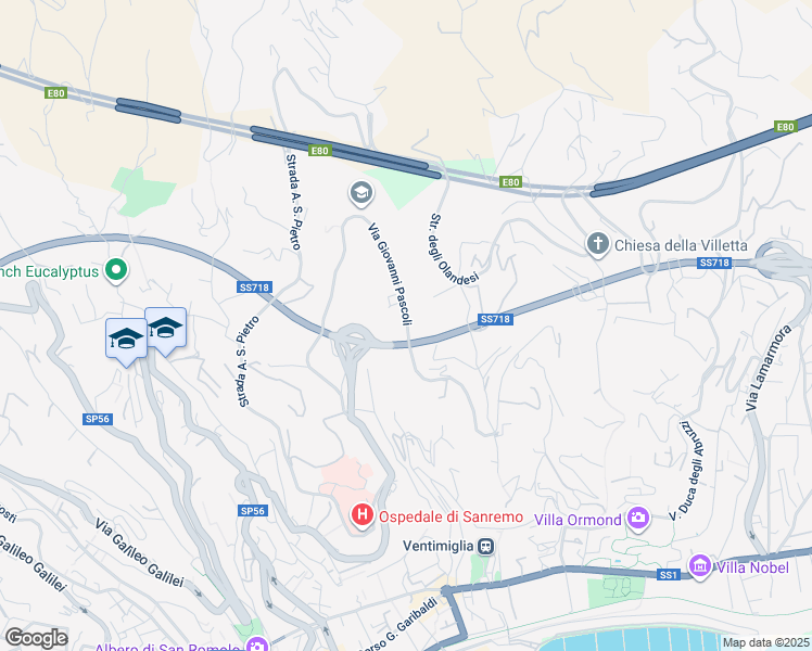 map of restaurants, bars, coffee shops, grocery stores, and more near 158 Via Giovanni Pascoli in Sanremo