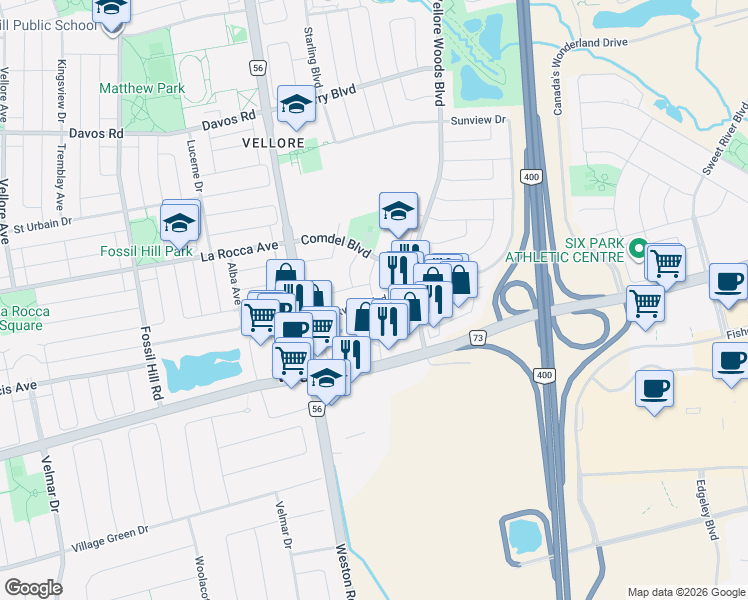 map of restaurants, bars, coffee shops, grocery stores, and more near 1 Plover Heights in Vaughan