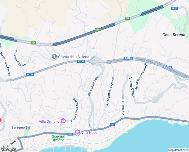 map of restaurants, bars, coffee shops, grocery stores, and more near 299 Via Lamarmora in Sanremo