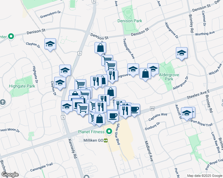 map of restaurants, bars, coffee shops, grocery stores, and more near 140 Old Kennedy Road in Markham